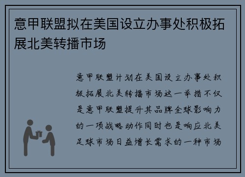 意甲联盟拟在美国设立办事处积极拓展北美转播市场 意甲联盟拟在美国设立办事处积极拓展北美转播市场