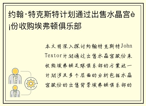 约翰·特克斯特计划通过出售水晶宫股份收购埃弗顿俱乐部