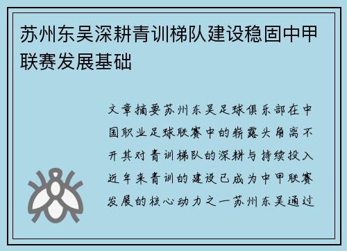 苏州东吴深耕青训梯队建设稳固中甲联赛发展基础